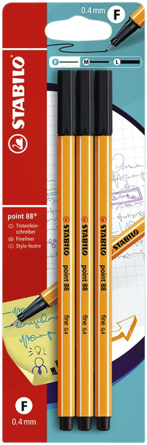 Fineliner STABILO point 88 fijn zwart blister à 3 stuks