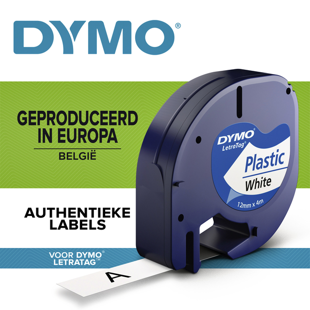 Labeltape Dymo LetraTag plastic 12mm zwart op wit