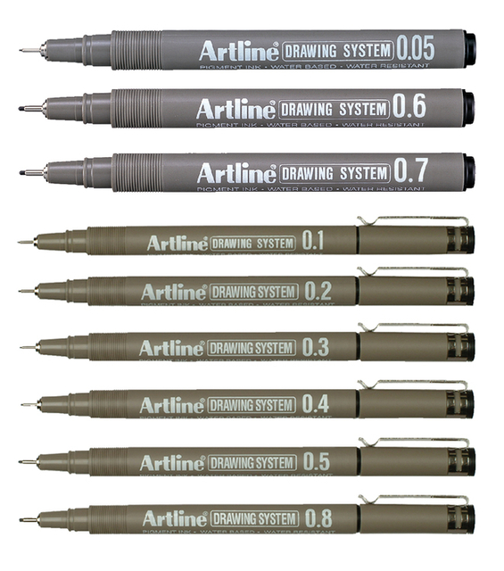 Fineliner Artline technisch etui met 0.2-0.4-0.6-0.8mm zwart