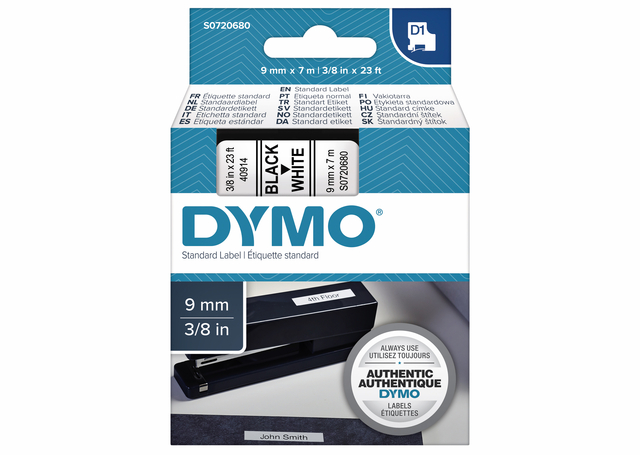 Labeltape Dymo LabelManager D1 polyester 9mm zwart op wit