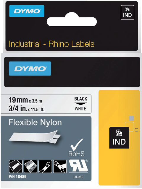 Labeltape Dymo Rhino 18489 19mmx3.5m flexibel nylon zwart op wit