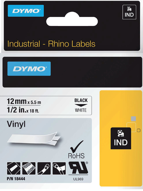 Labeltape Dymo Rhino 18444 12mmx5.5m vinyl zwart op wit