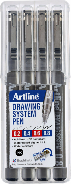 Fineliner Artline technisch etui met 0.2-0.4-0.6-0.8mm zwart