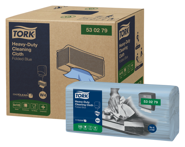 Reinigingsdoek Tork Heavy-Duty W4 gevouwen absorberend 105 vel blauw 530279