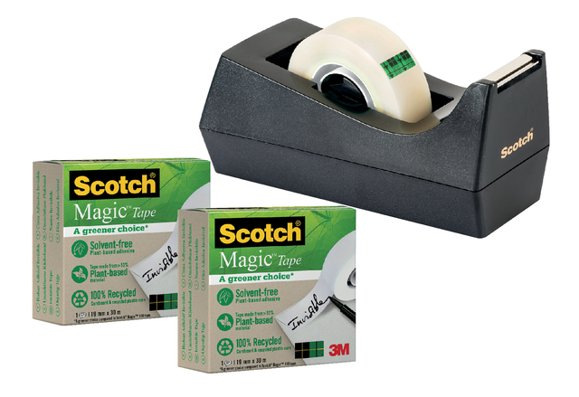 Plakbandhouder Scotch C38 recycled zwart + 3rol magic tape 900 19mmx33m