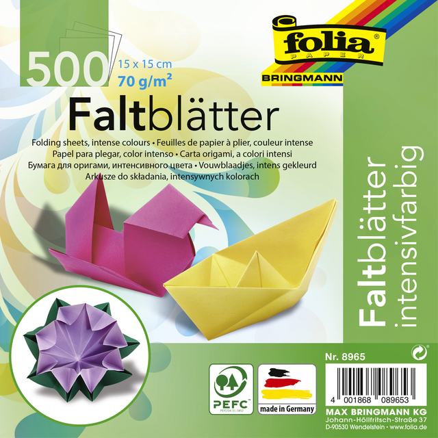 Origami papier Folia 70gr 15x15cm 500 vel assorti kleuren