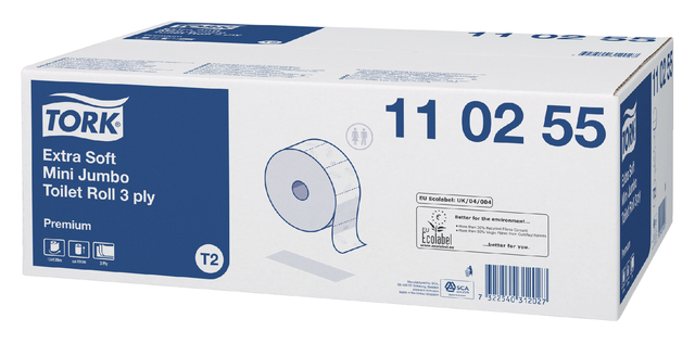 Toiletpapier Tork Mini jumbo T2 premium 3-laags 12x120mtr wit 110255