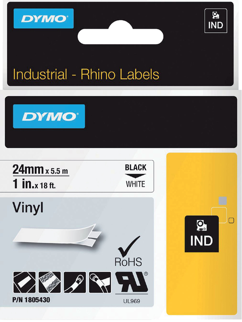 Labeltape Dymo Rhino 18054 24mmx5.5m vinyl zwart op wit