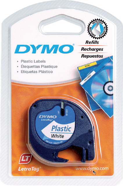 Labeltape Dymo letratag 91201 12mmx4m plastic zwart op wit