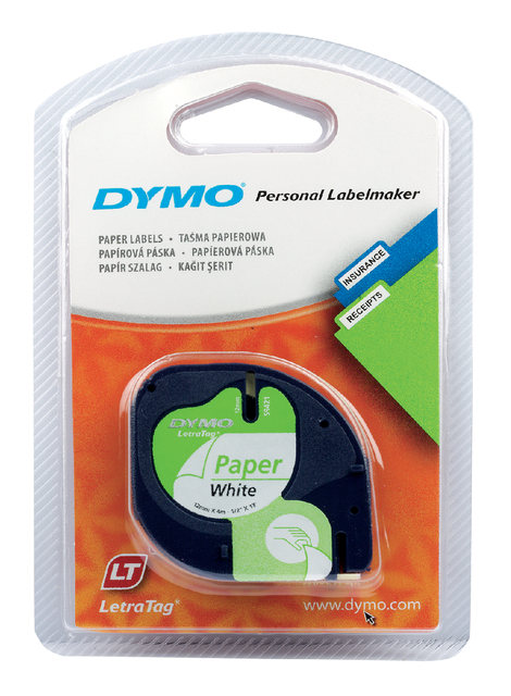 Labeltape Dymo LetraTag papier 12mm zwart op wit