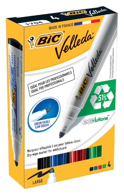 Viltstift Bic Velleda 1701 whiteboard rond large assorti doos à 4 stuks