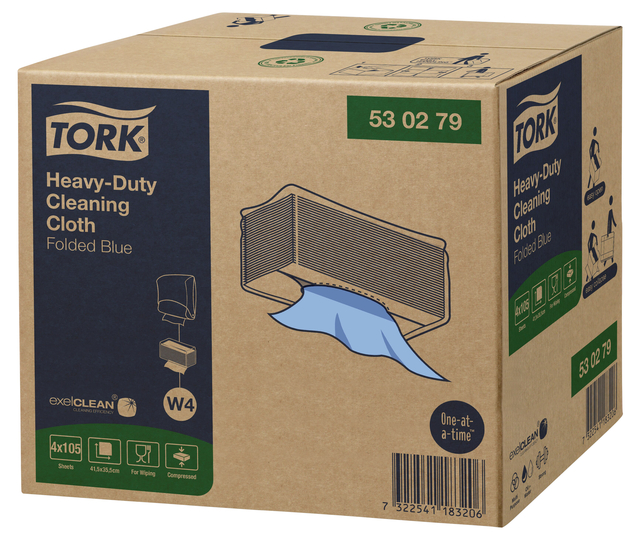 Reinigingsdoek Tork Heavy-Duty W4 gevouwen absorberend 105 vel blauw 530279