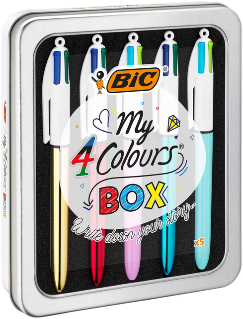 Balpen Bic 4kleuren My Bic medium assorti blik à 5 stuks