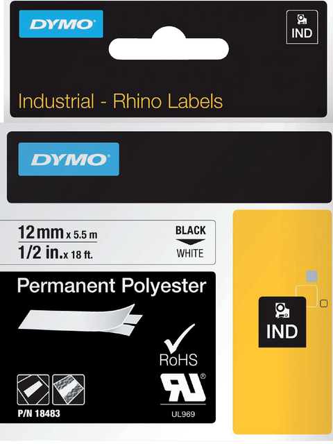 Labeltape Dymo Rhino 18483 12mmx5.5m polyester zwart op wt