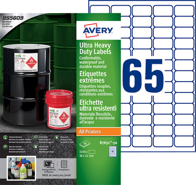 Etiket Avery B7651-50 38x21mm polyethyleen wit 3250stuks