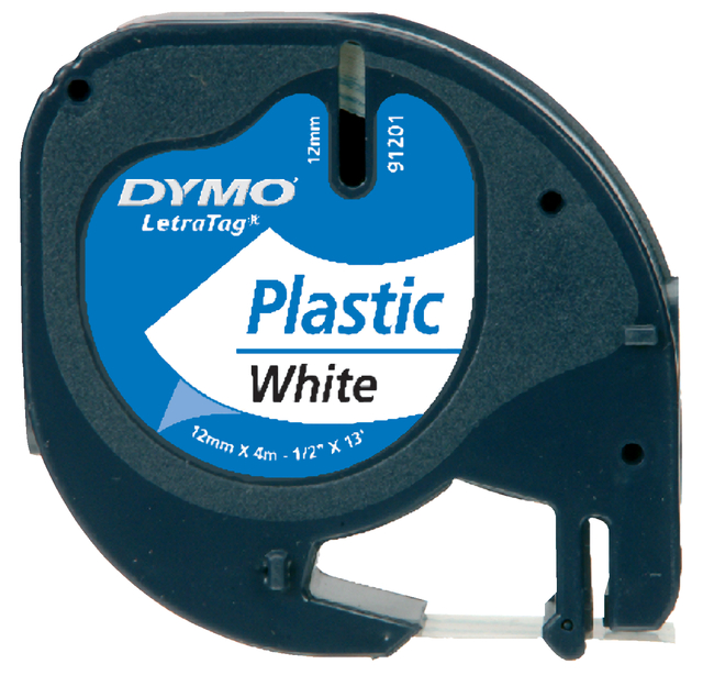 Labeltape Dymo LetraTag plastic 12mm zwart op wit