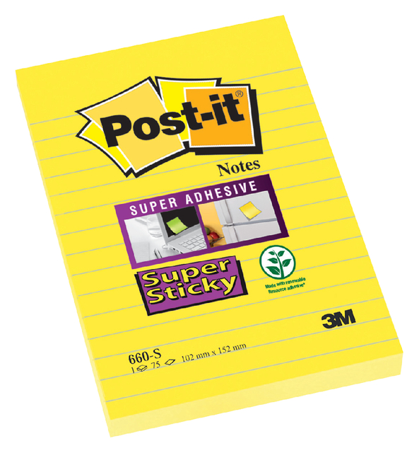 Memoblok 3M Post-it 660 Super Sticky 102x152 geel met lijn