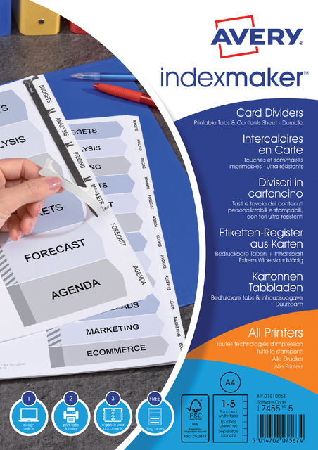 Tabbladen Avery Indexmaker 9-gaats 5-delig wit