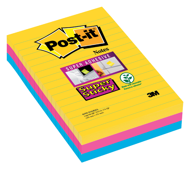 Memoblok 3M Post-it 4690 Super Sticky 101x152mm lijn Rio