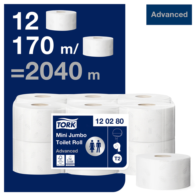 Toiletpapier Tork Mini Jumbo T2 advanced 2-laags 12 rollen wit 120280