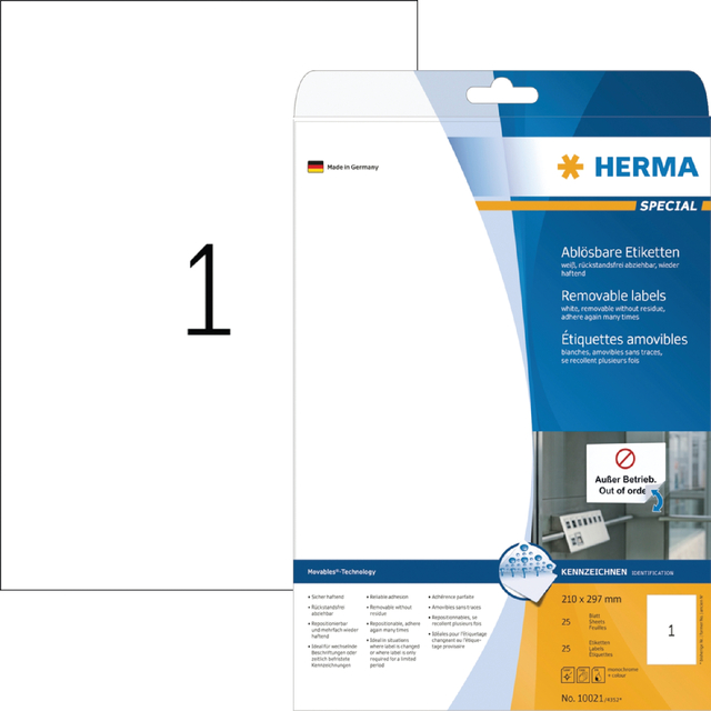 Etiket HERMA 10021 210x297mm A4 verwijderbaar wit 25stuks