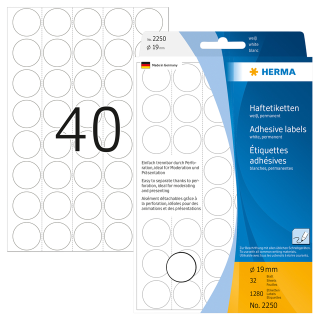 Etiket HERMA 2250 rond 19mm wit 1280stuks