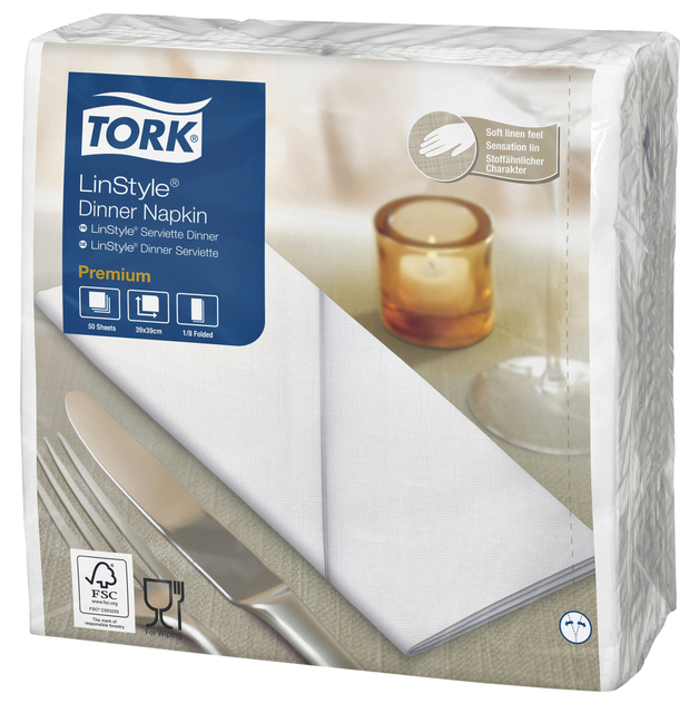 Dinnerservetten Tork Premium LinStyle® 1/8 gevouwen 1-laags 50 st wit 478145