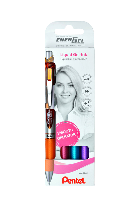 Gelschrijver Pentel BL77 Energel medium oranje-roze-lichtblauw-violet blister à 4 stuks