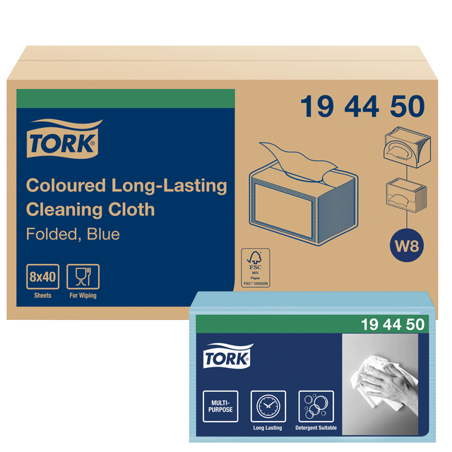 Reinigingsdoek Tork Long Lasting W8 multifunctioneel gevouwen blauw 194450