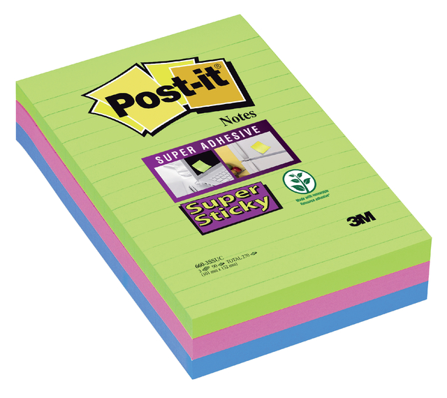 Memoblok 3M Post-it 660 Super Sticky 102x152mm lijn rainbow