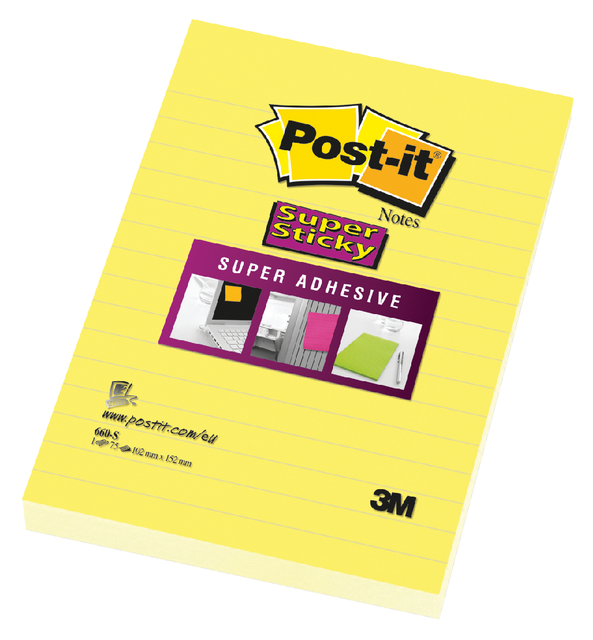 Memoblok 3M Post-it 660 Super Sticky 102x152 geel met lijn