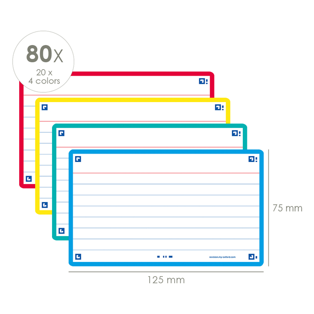 Flashcard Oxford 2.0 75x125mm 80vel 250gr lijn assorti