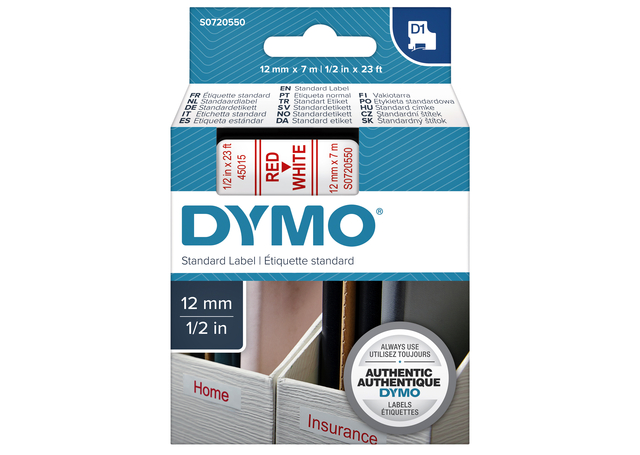 Labeltape Dymo LabelManager D1 polyester 12mm rood op wit