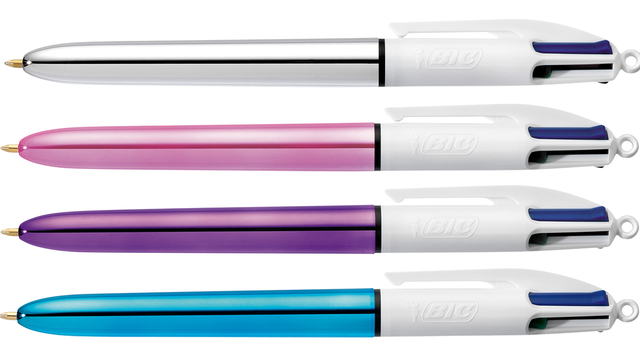 Balpen Bic 4kleuren shine medium zilver/paars/roze/blauw