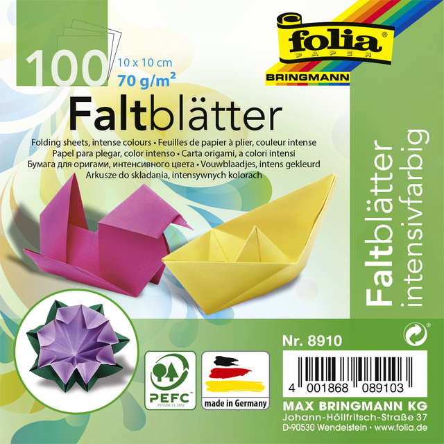 Origami papier Folia 70gr 10x10cm 100 vel assorti kleuren