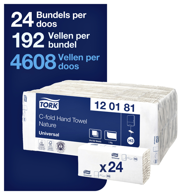 Handdoek Tork H3 c-vouw universal 1-laags naturel 120181