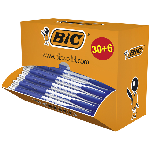 Balpen Bic Atlantis classic grip clic medium blauw valuepack 30+6 gratis