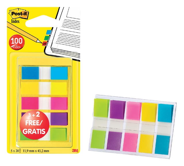 Indextabs 3M Post-it 6835 11.9x43.1mm 3+2 gratis assorti