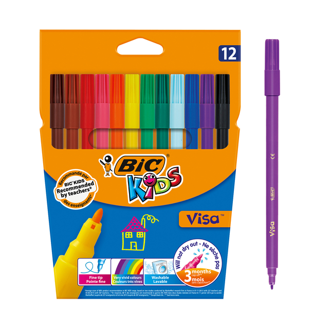 Kleurstift BicKids Visa fijn assorti etui à 12 stuks