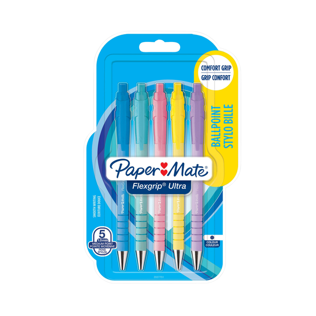 Balpen Paper Mate Flexgrip Ultra medium pastel assorti blister à 5 stuks