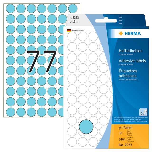 Etiket HERMA 2233 rond 13mm blauw 2464stuks