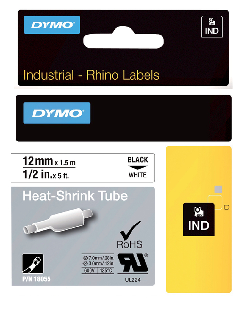 Labeltape Dymo Rhino 18055 12mmx1.5m krimpkous zwart op wit