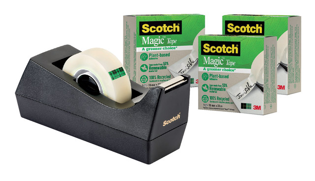 Plakbandhouder Scotch C38 recycled zwart + 3rol magic tape 900 19mmx33m