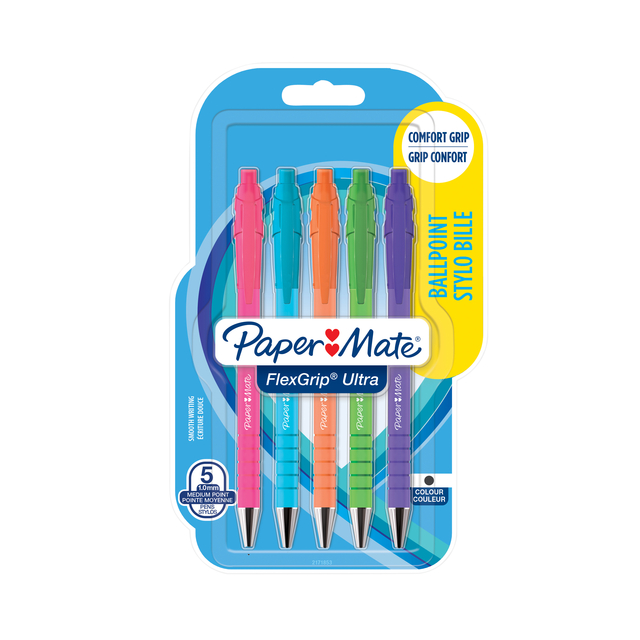 Balpen Paper Mate Flexgrip drukknop Bright fun medium schrijfkleur zwart blister à 5 stuks