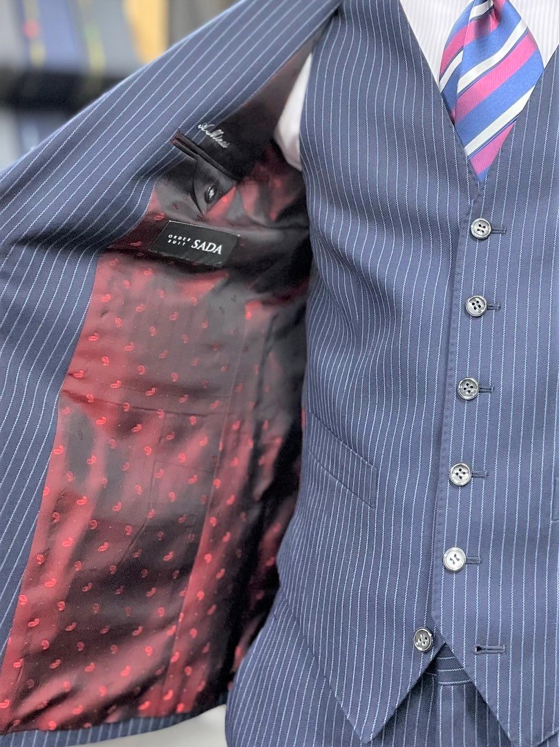 紺系・Wool100％防シワナチュラルストレッチ素材&ペイズリー柄裏地