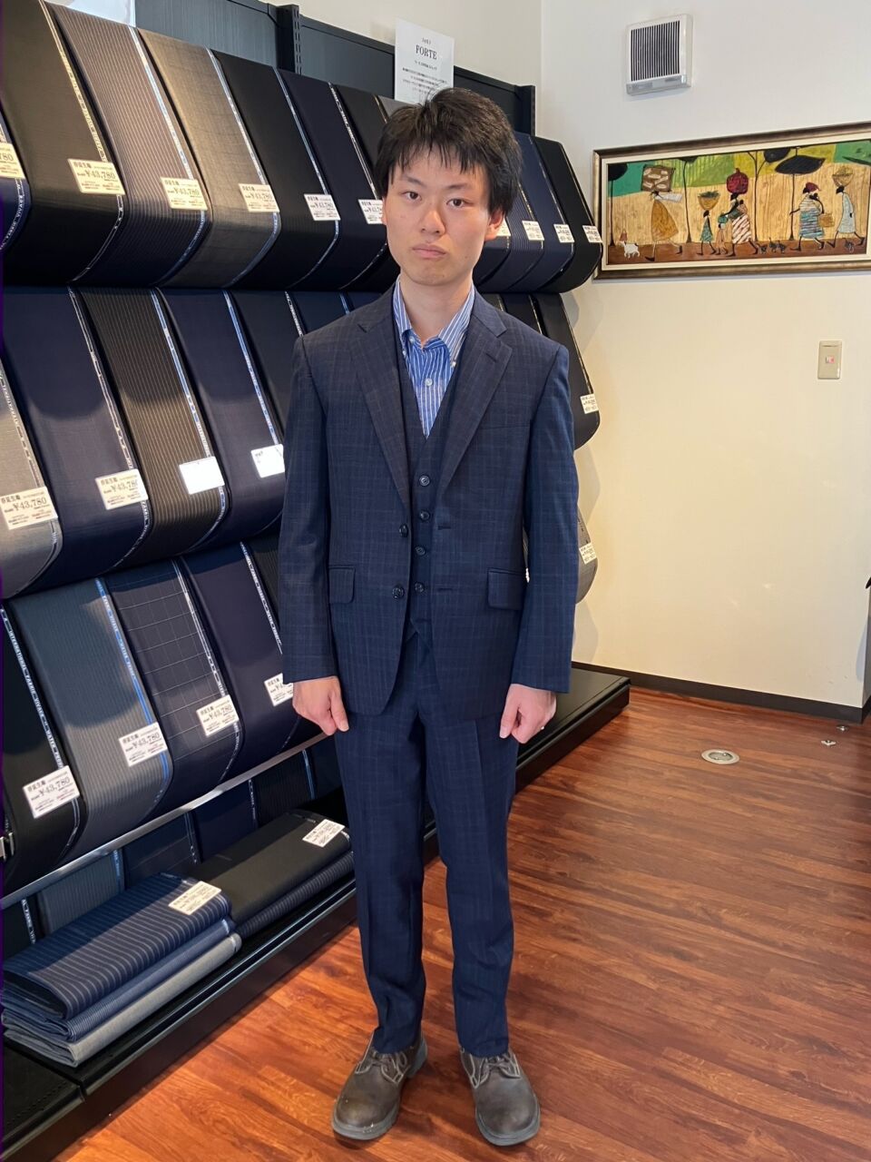 クリーニング済 MORISHIMA ブラウン 細身チェック柄スーツ フル