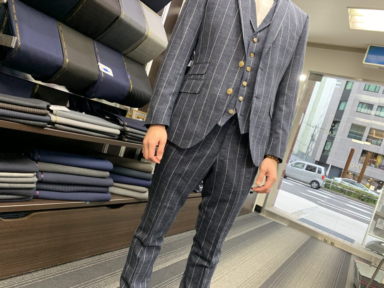 LINENWOOL】ネイビーブルー×チョークストライプ スリーピース LINENWOOL】ネイビーブルー×チョークストライプ スリーピース