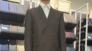 【Super100’s】ブラウンストライプのワイドシルエット ダブルブレストスーツの画像