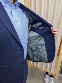 ハイグレード仕立て・ネイビー系・Wool100％ナチュラルストレッチ素材&馬車柄裏地の画像