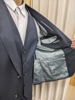 結婚式用　ハイグレード仕立て・グレー系・Wool100％ナチュラルストレッチ素材Super100`s&馬車柄裏地の画像